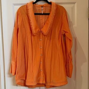 Free People Orange corduroy Button Down Shirt with Ruffled Collar